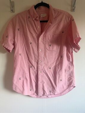 GAP Pink Toucan Embroidered Oxford Button Down Shirt Women’s M Stretch Cotton
